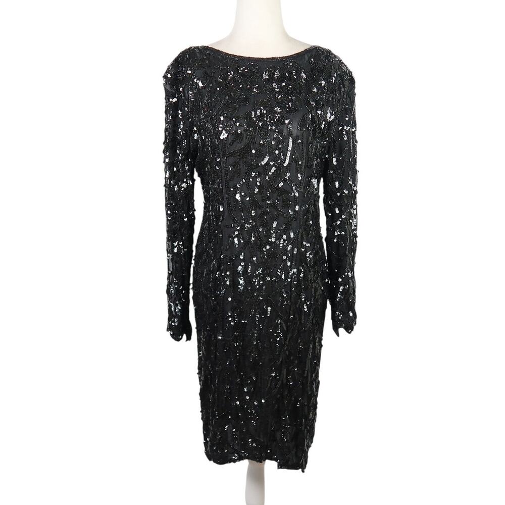 Vintage 80s India Kings Black Silk Sequin Beaded Long Sleeve Party Dress L